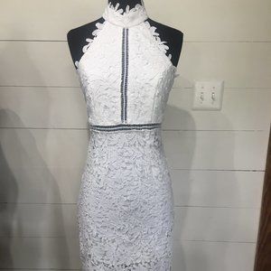 High Neck Lace Cocktail Midi Dress
